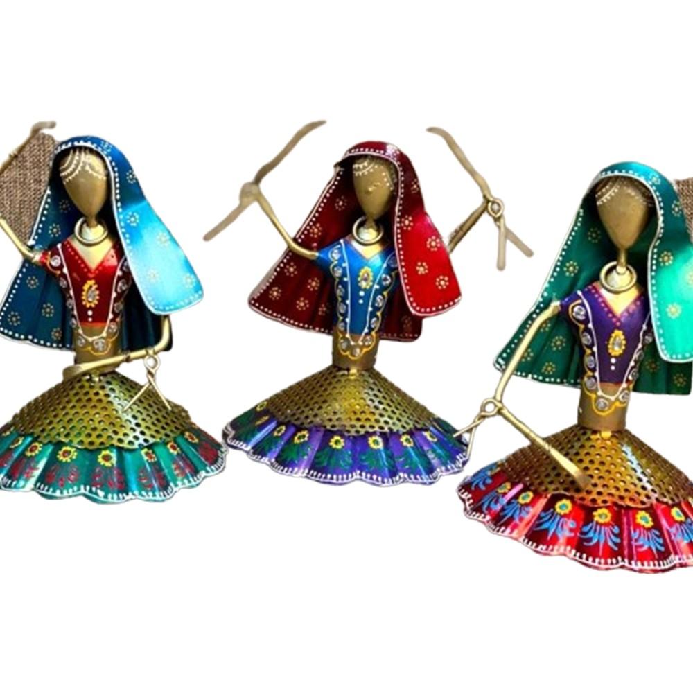 Set of 3 Iron Painted Dancing Doll Showpiece for Living Room Home Office Table Gift